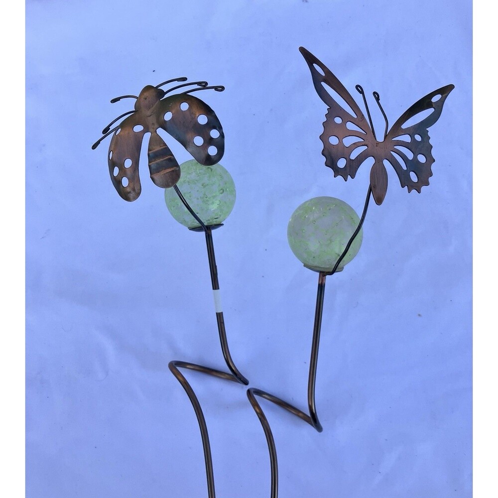 Ladybug & Butterfly Garden Stakes Picks Copper Colored Glow In The Dark Globes
